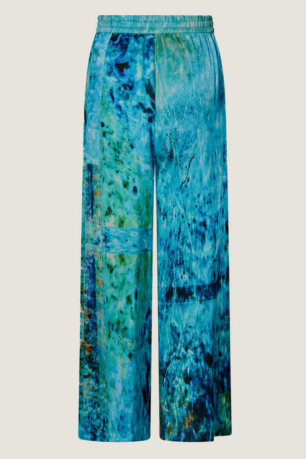 printed silk wide leg pant with photographic surface