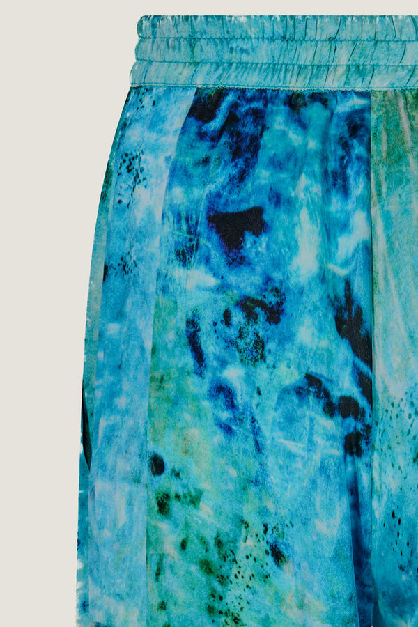 printed silk wide leg pant with photographic surface