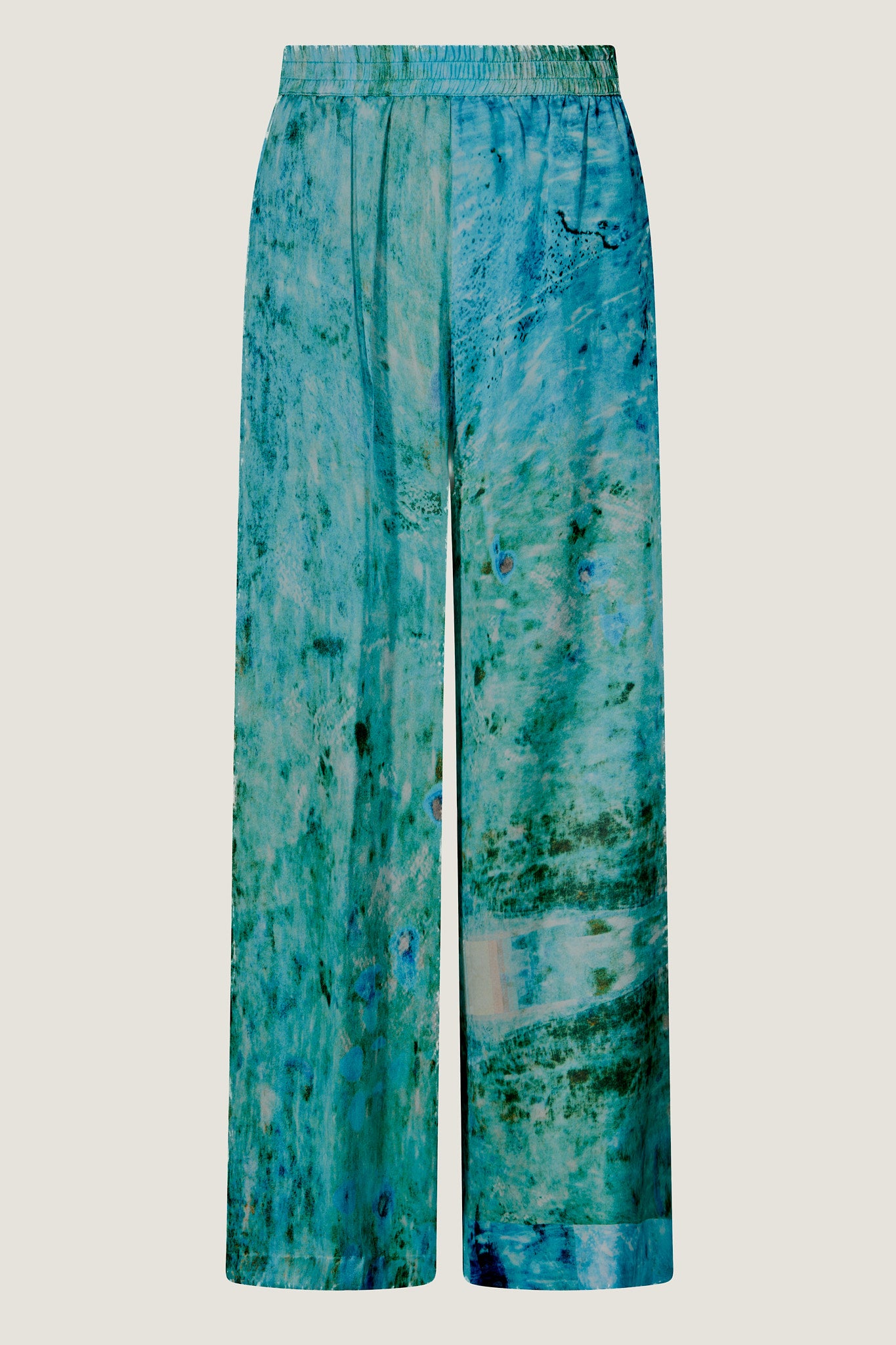 printed silk wide leg pant with photographic surface