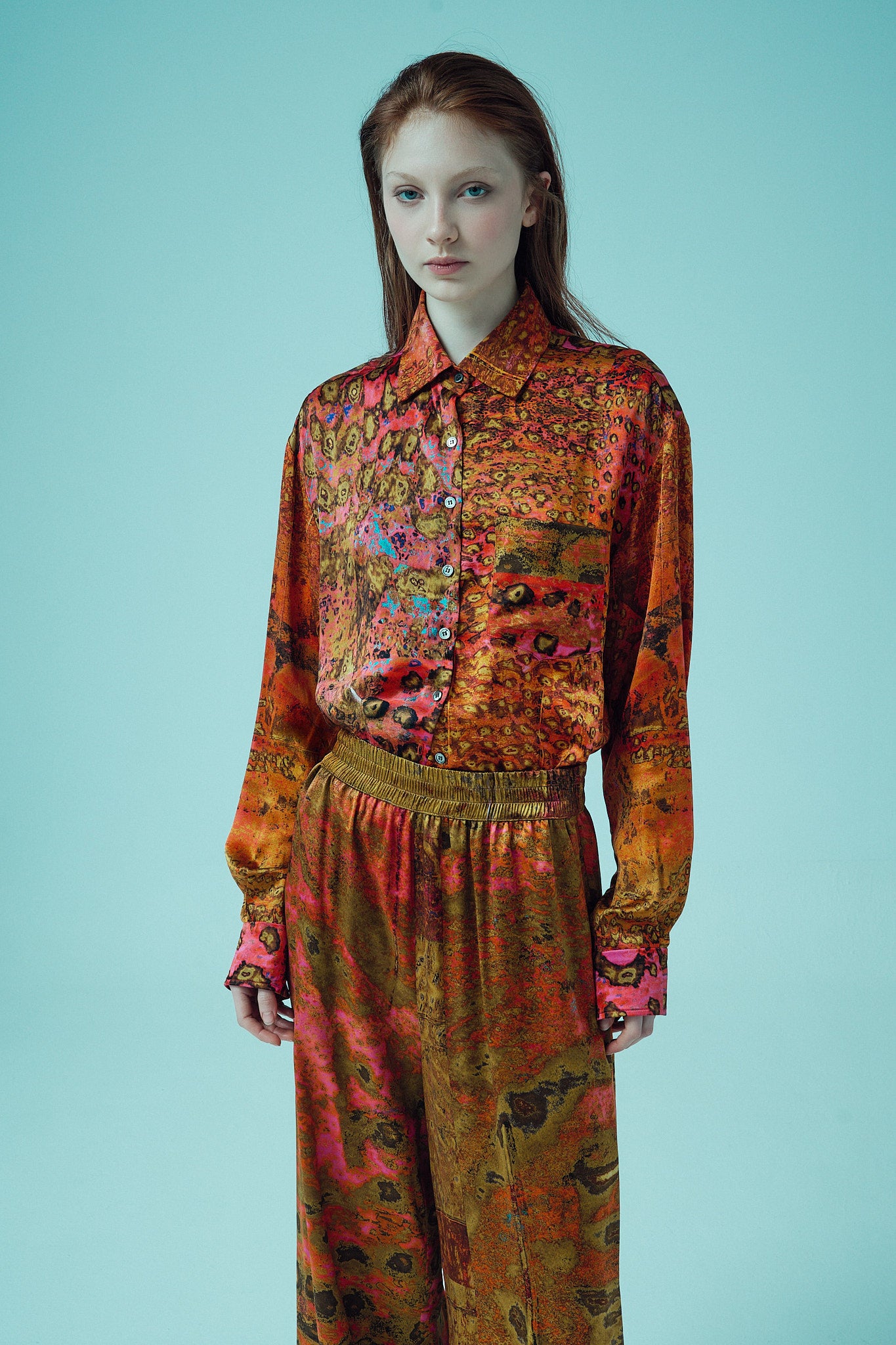 printed silk wide leg pant with photographic surface