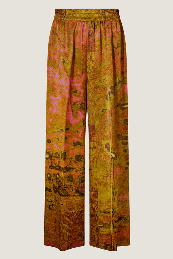 printed silk wide leg pant with photographic surface