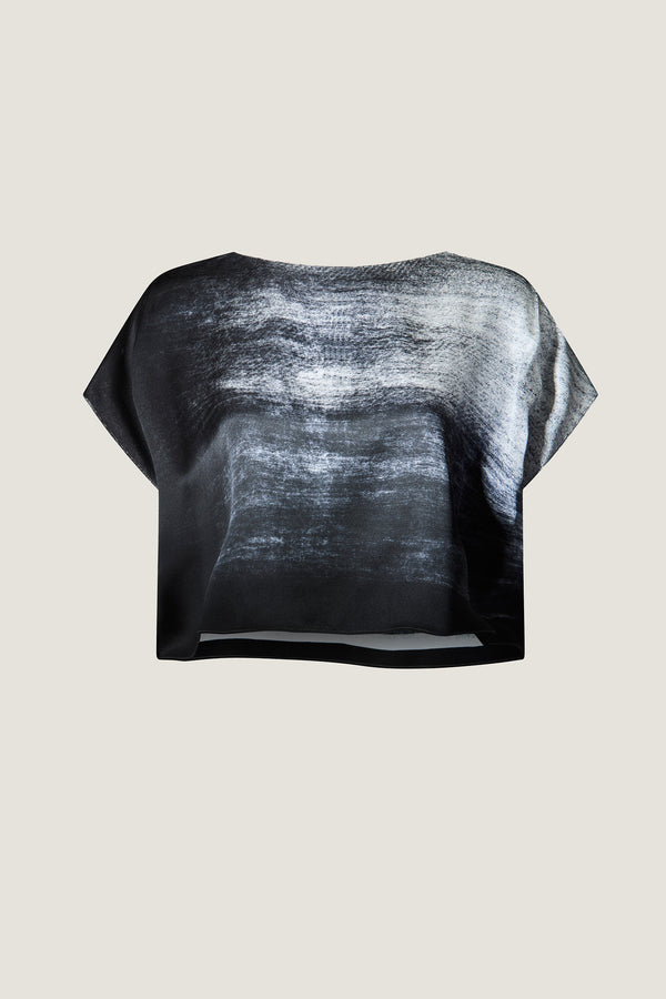 printed silk boxy top with photographic surface