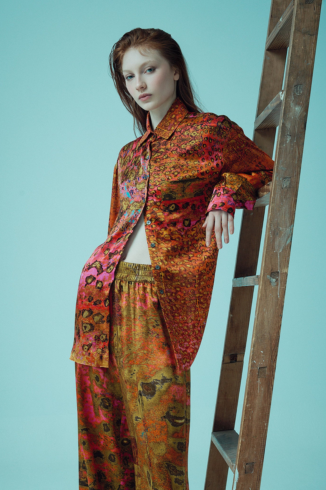 printed silk wide leg pant and shirt