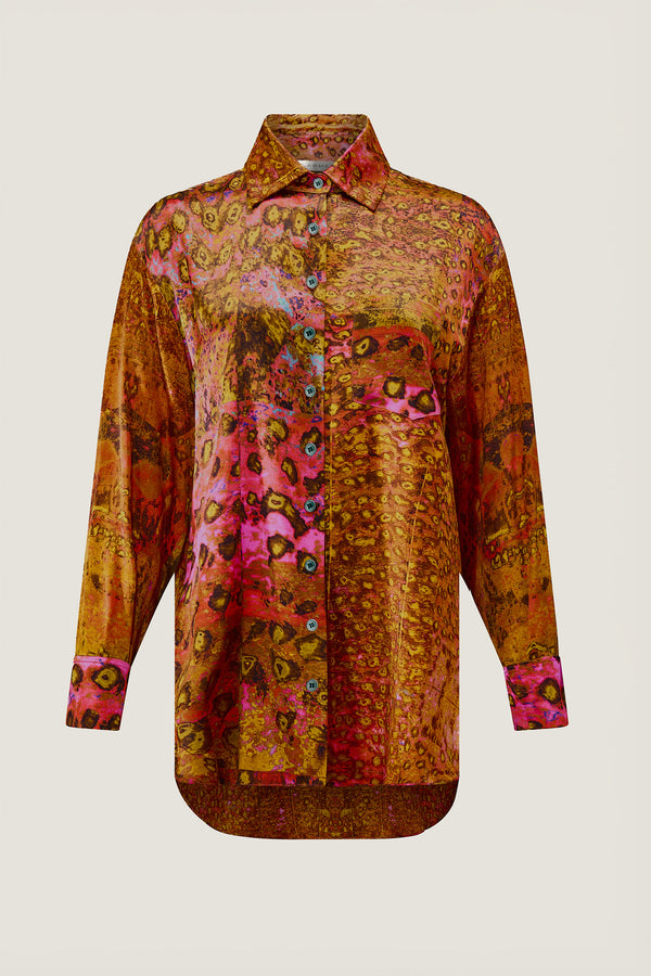 printed silk button down shirt with photographic surface