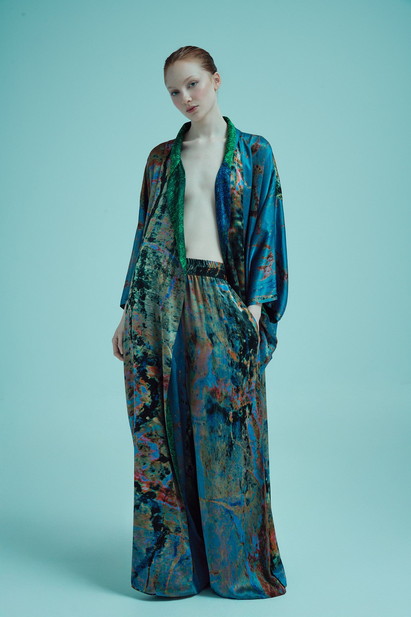 printed silk kimono wrap and wide leg pant