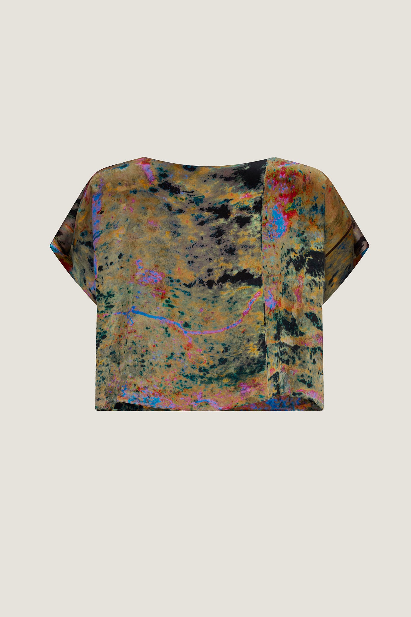 printed silk boxy top with photographic surface