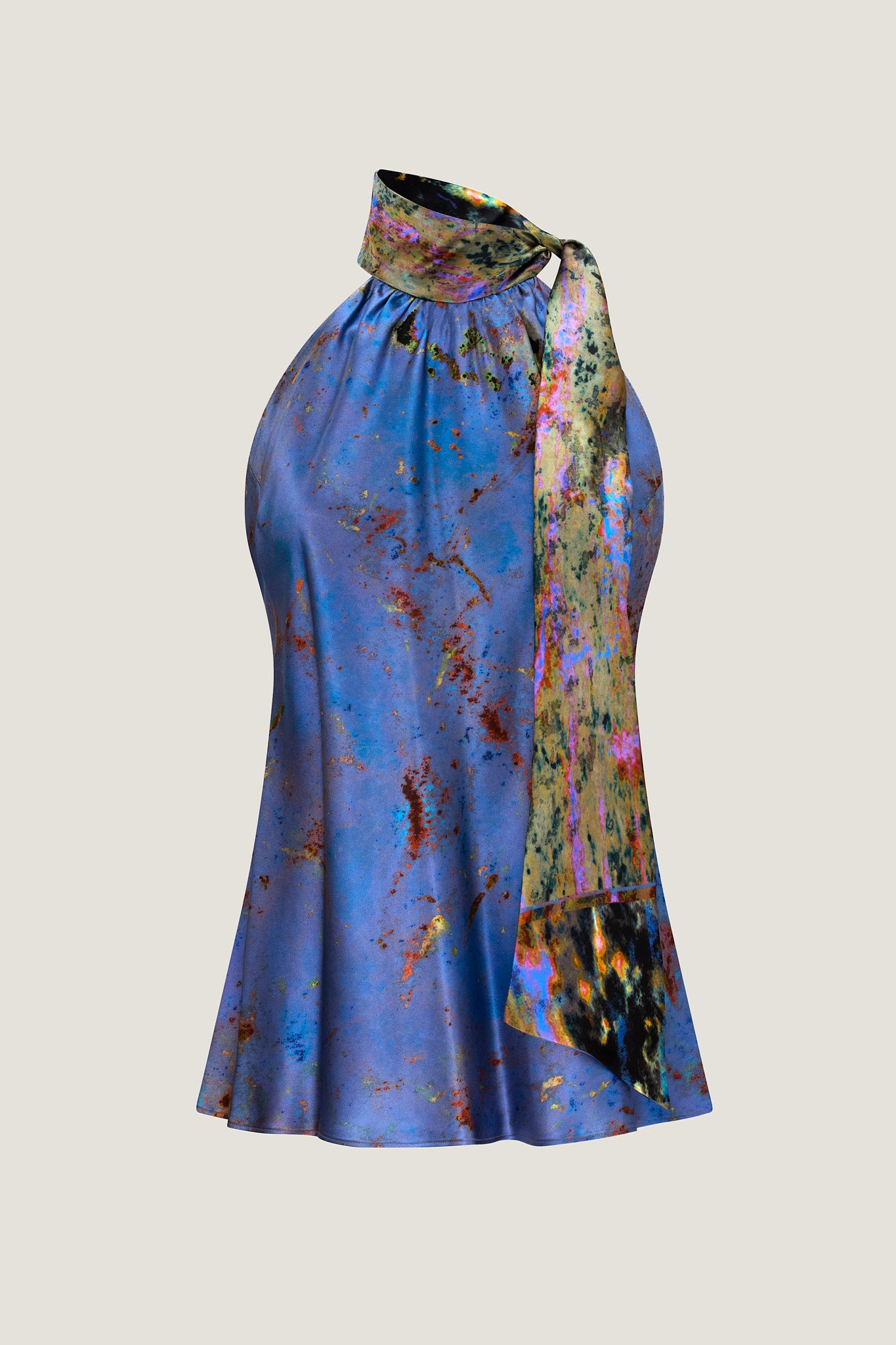 printed silk halter top with photographic surface