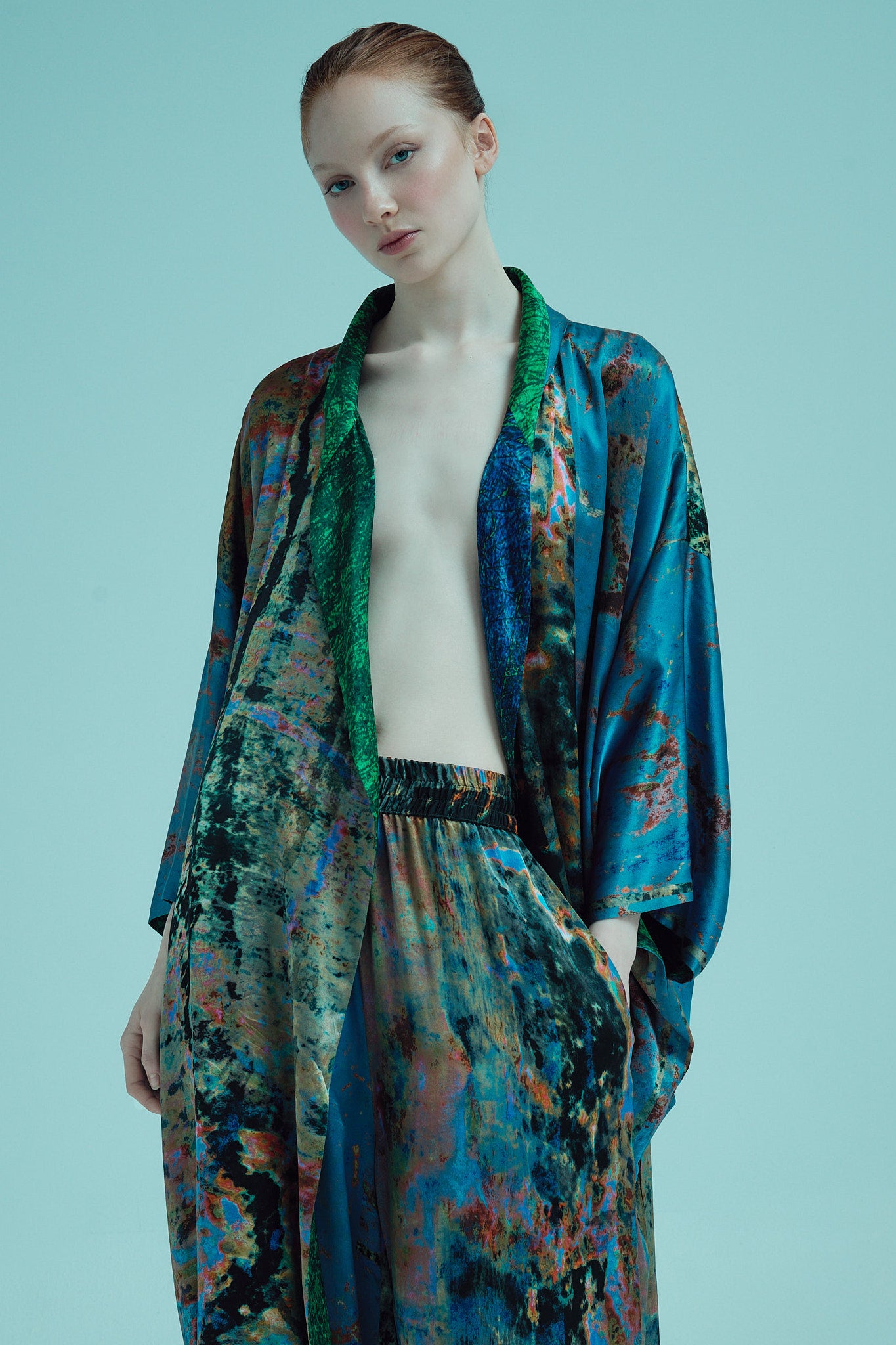 printed silk kimono wrap and wide leg pant