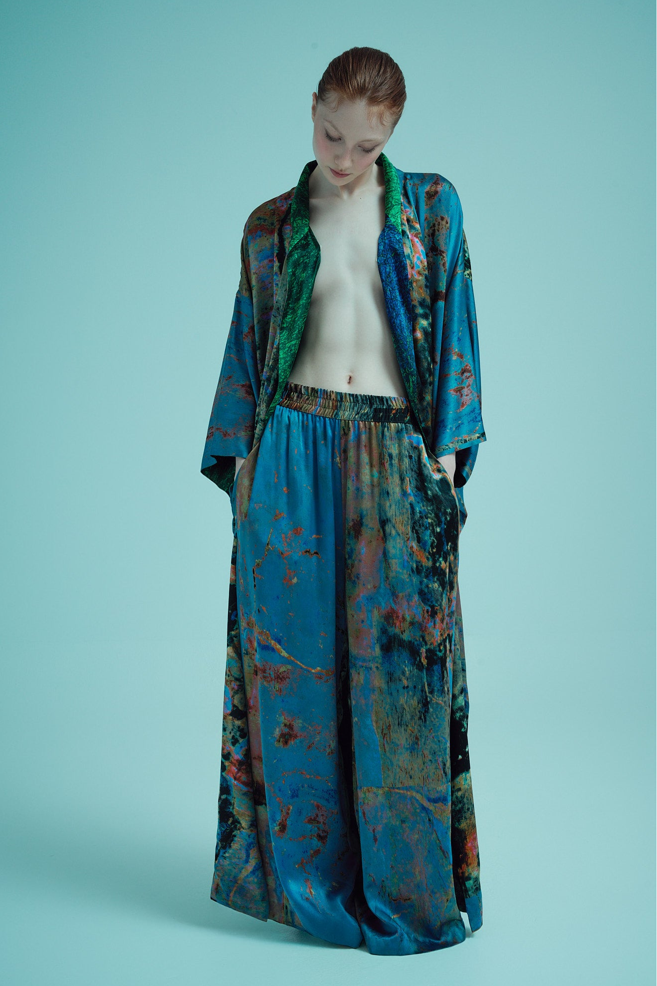 printed silk wide leg pant with photographic surface