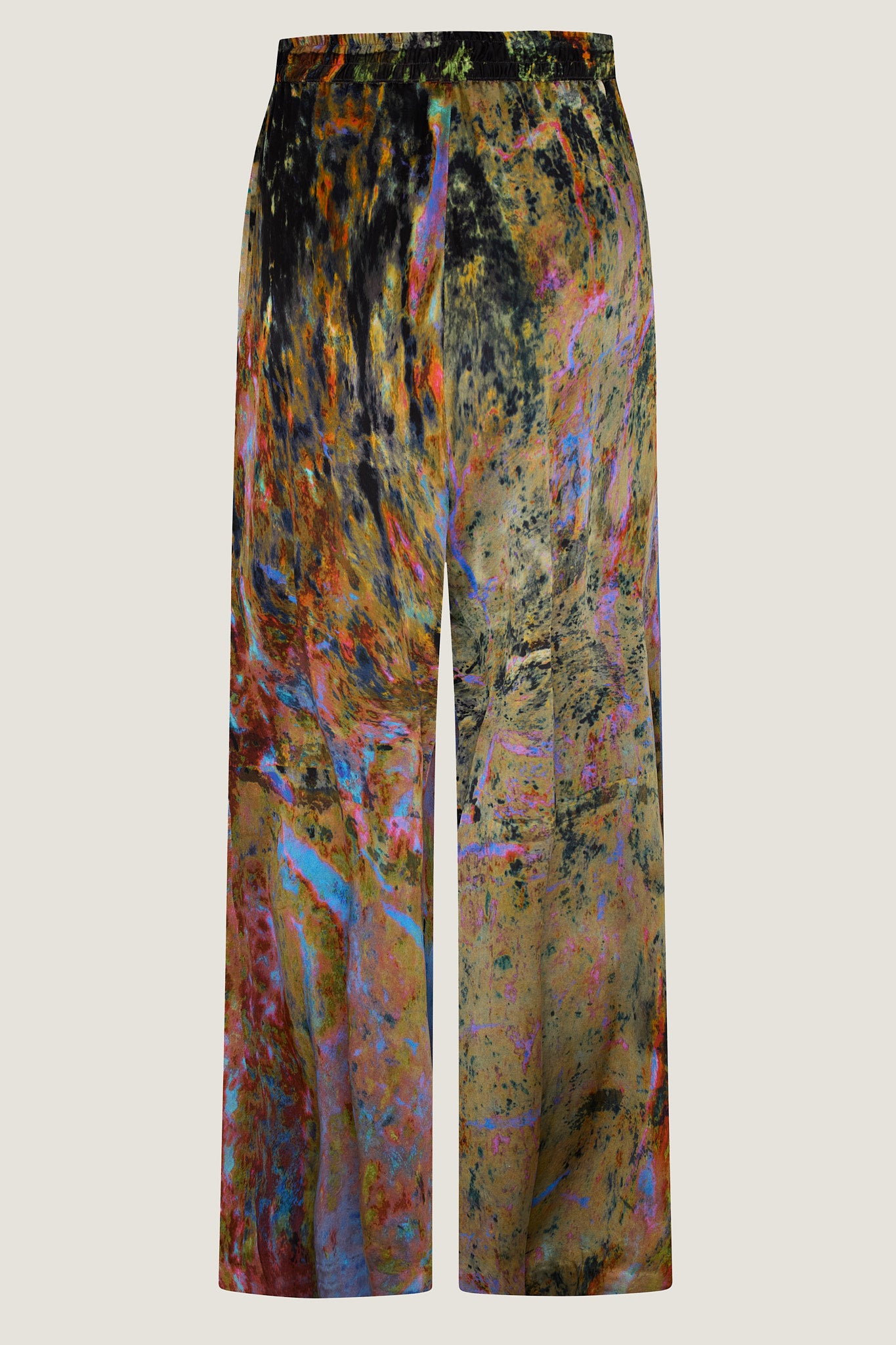 printed silk wide leg pant with photographic surface