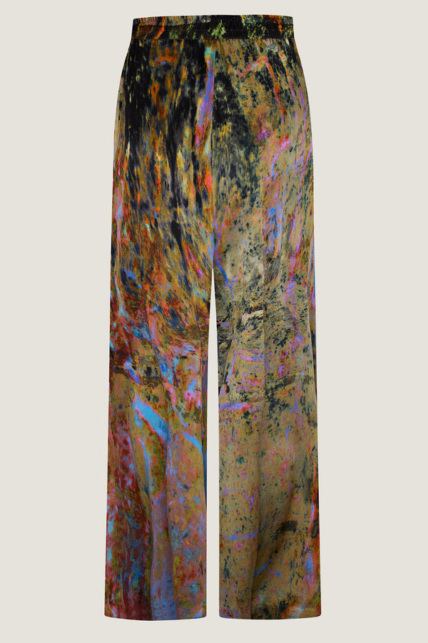 printed silk wide leg pant with photographic surface