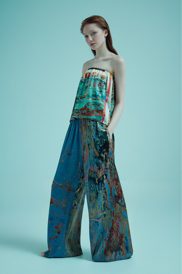 printed silk wide leg pant with photographic surface
