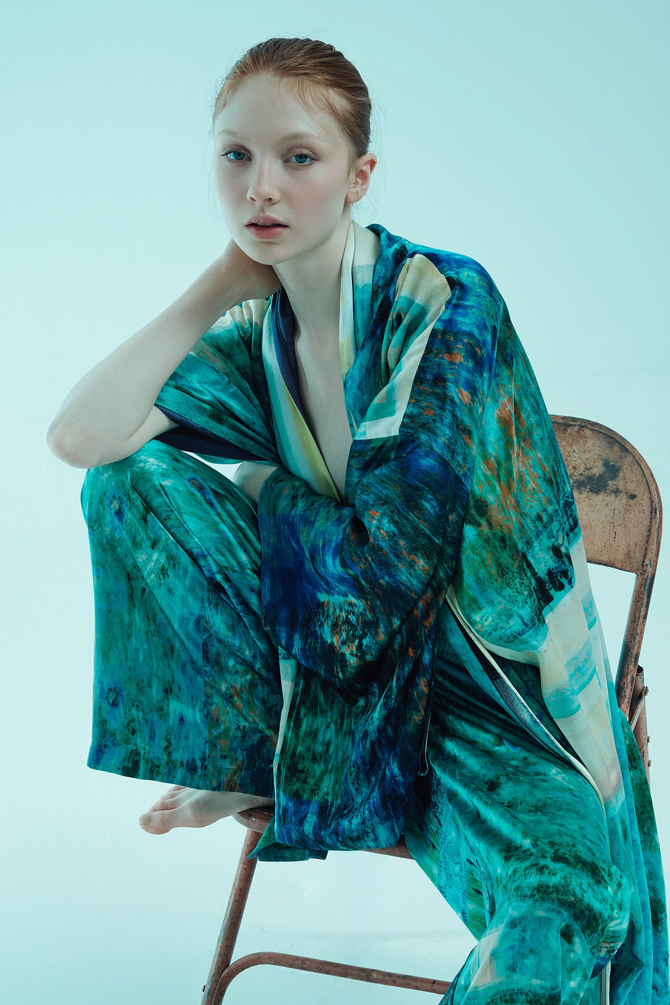 printed silk kimono wrap and wide leg pant