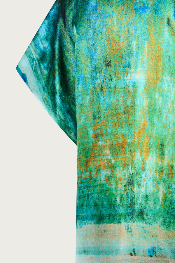 printed silk boxy top with photographic surface