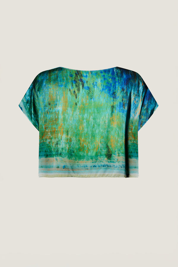 printed silk boxy top with photographic surface