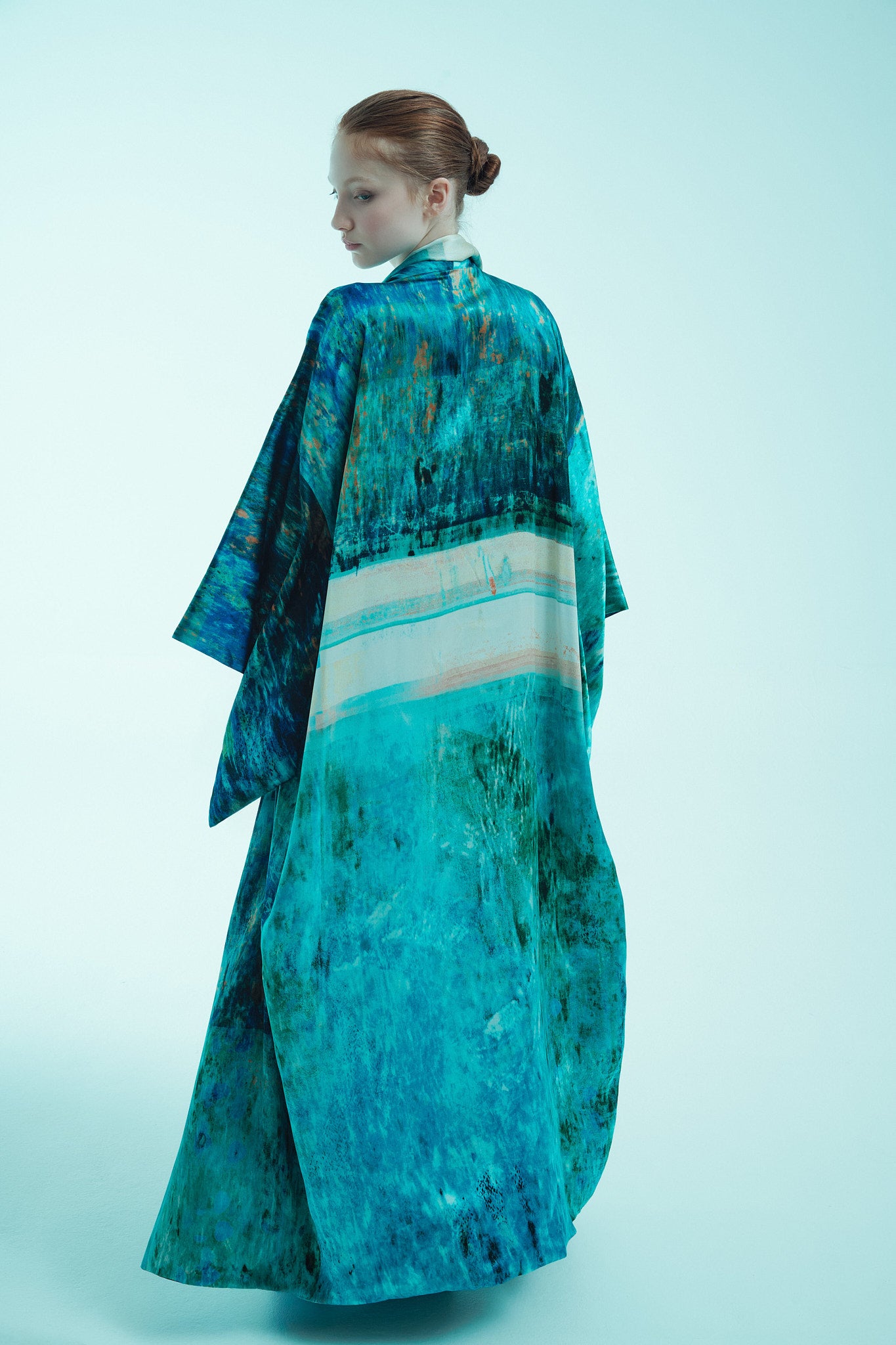 printed silk kimono wrap with photographic surface