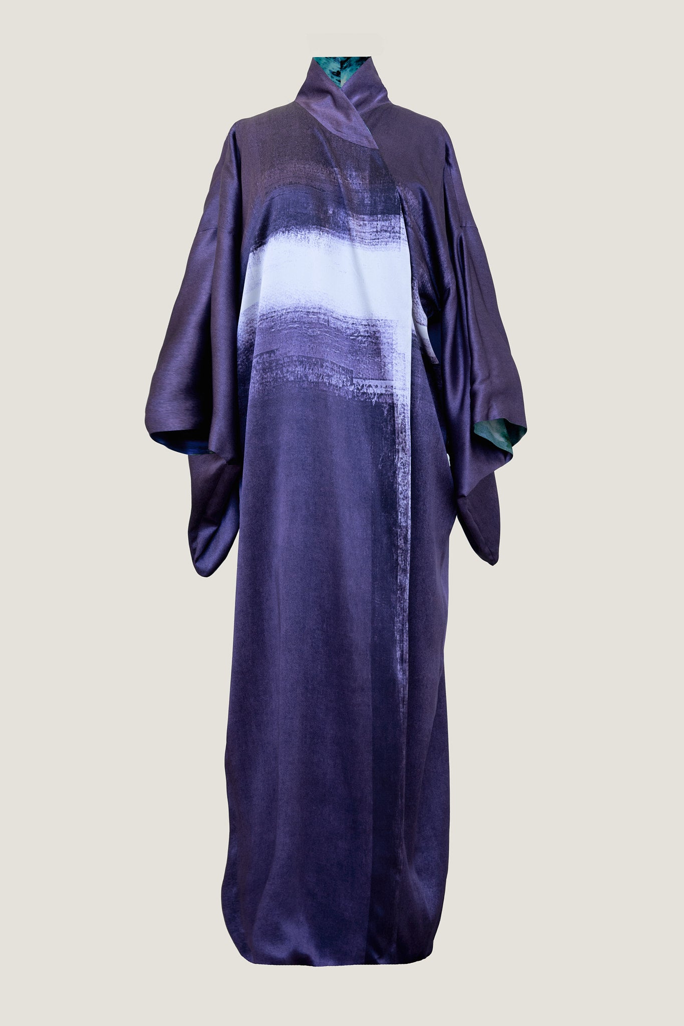 printed silk kimono wrap with photographic surface