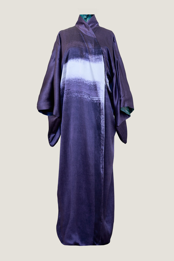printed silk kimono wrap with photographic surface