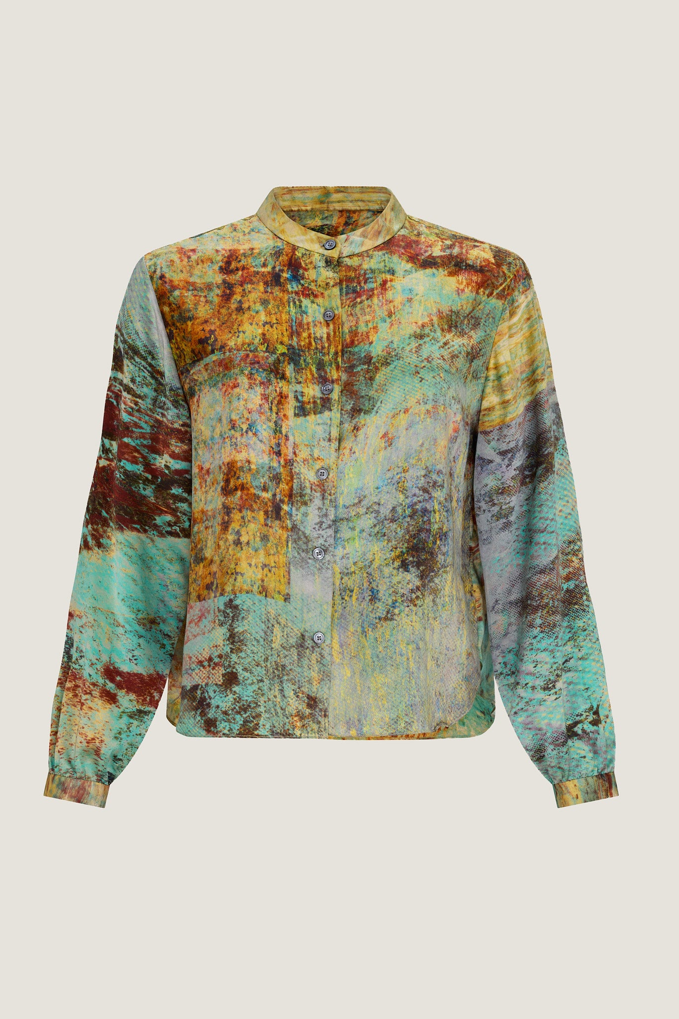 printed silk band collar shirt with photographic surface