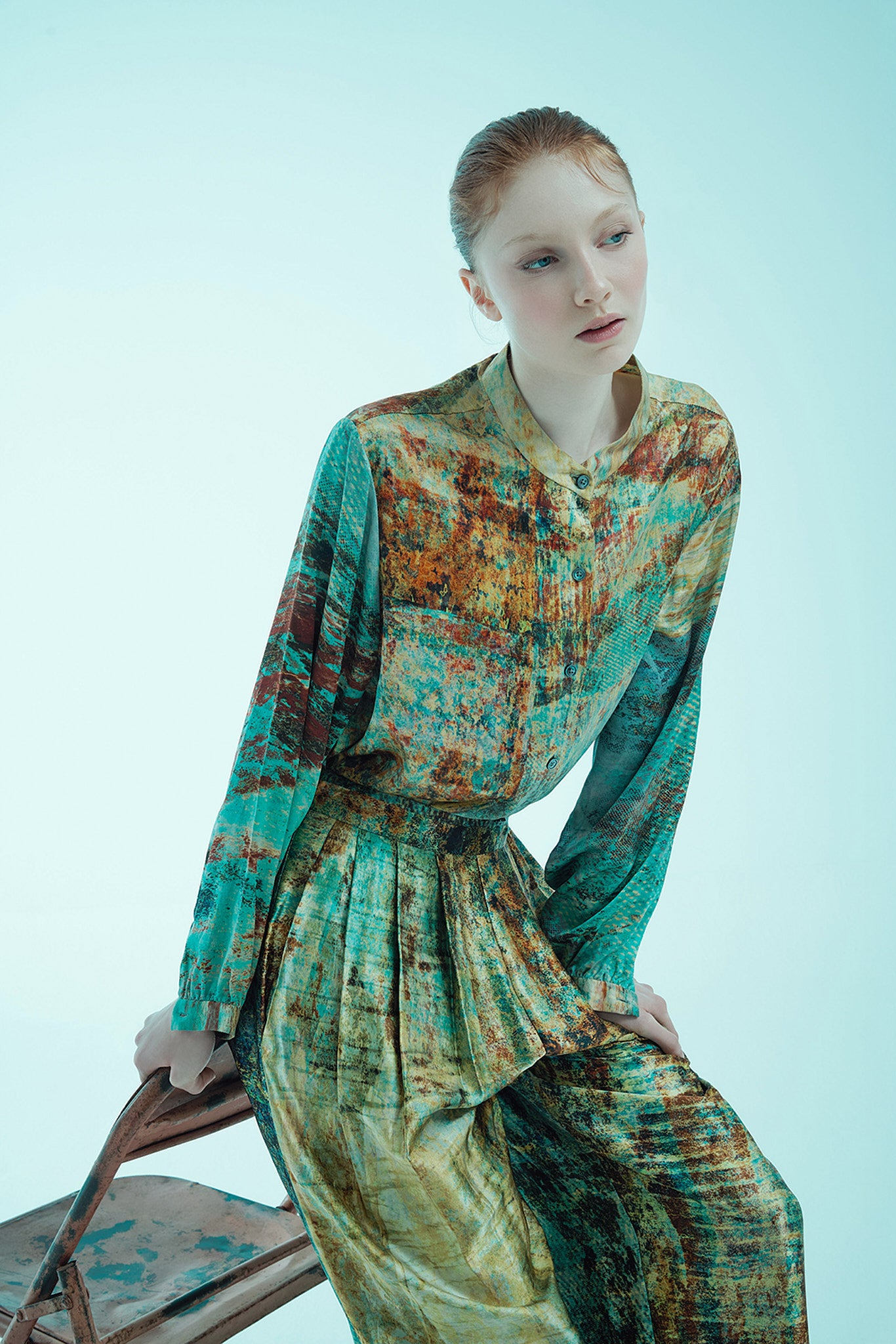 printed silk band collar shirt and pants with photographic surface
