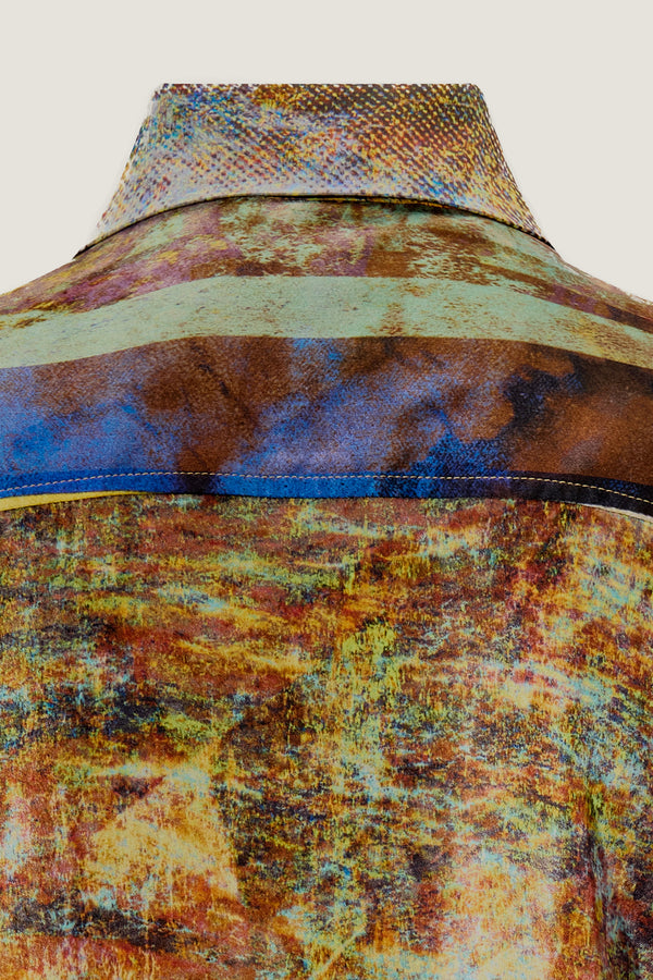 printed silk button down shirt with photographic surface
