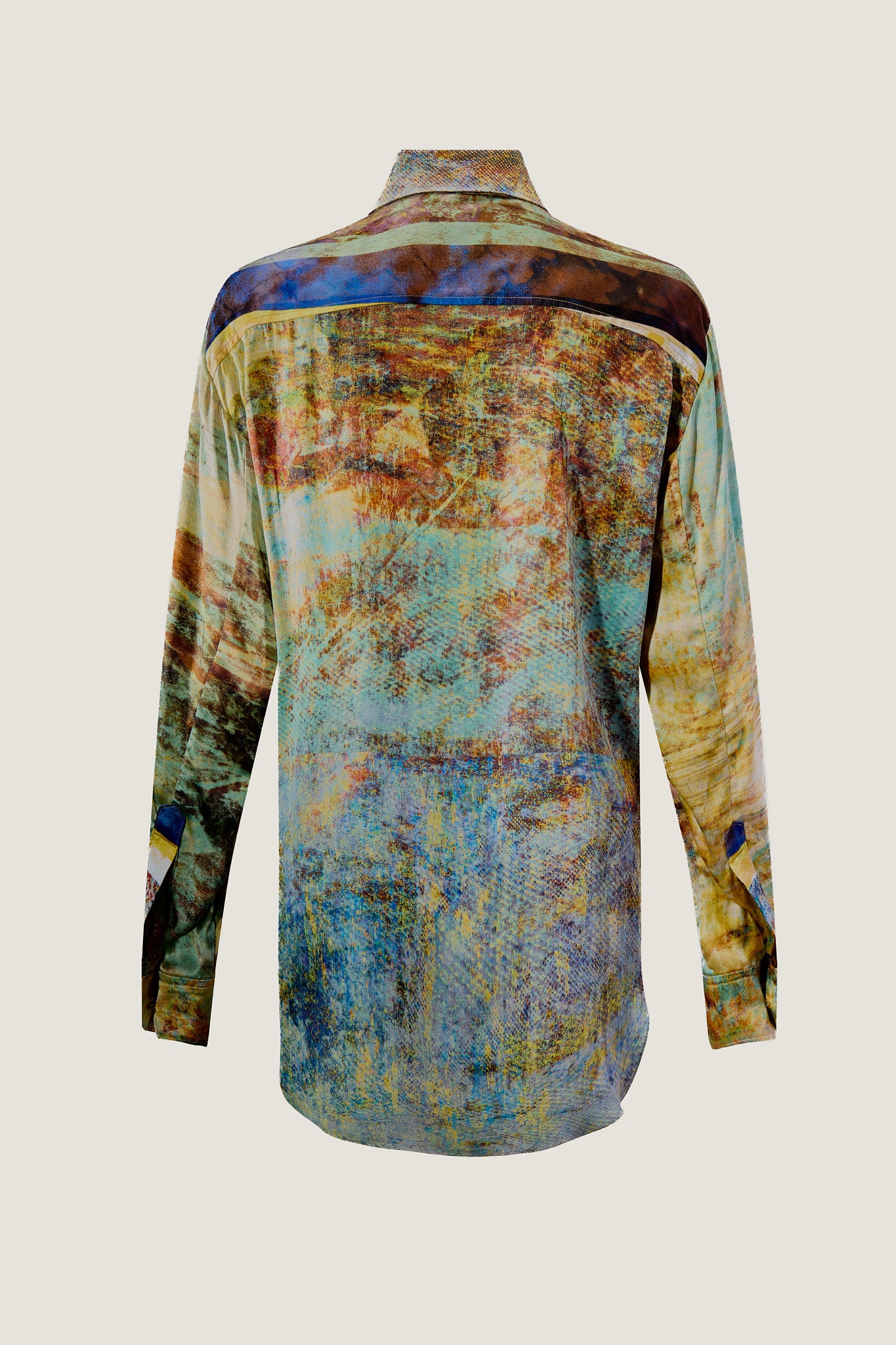 printed silk button down shirt with photographic surface