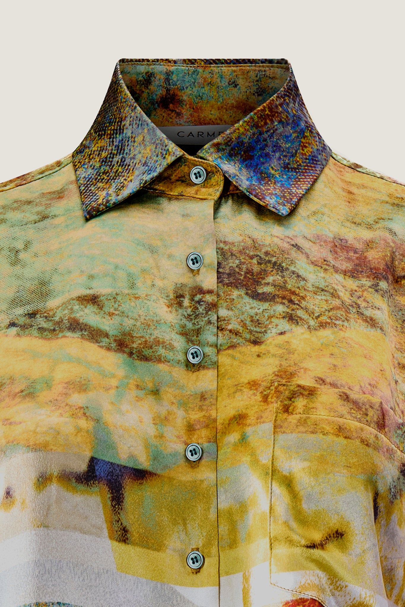 printed silk button down shirt with photographic surface