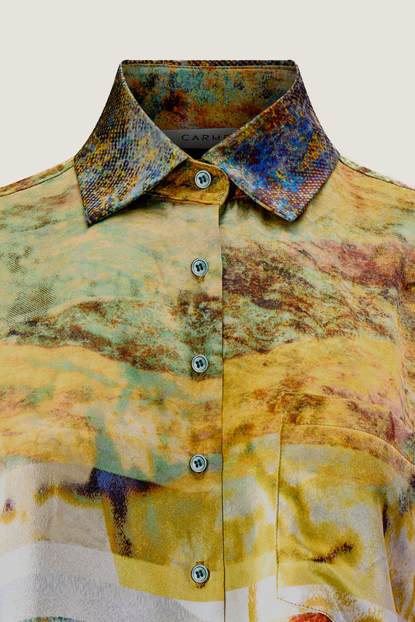 printed silk button down shirt with photographic surface