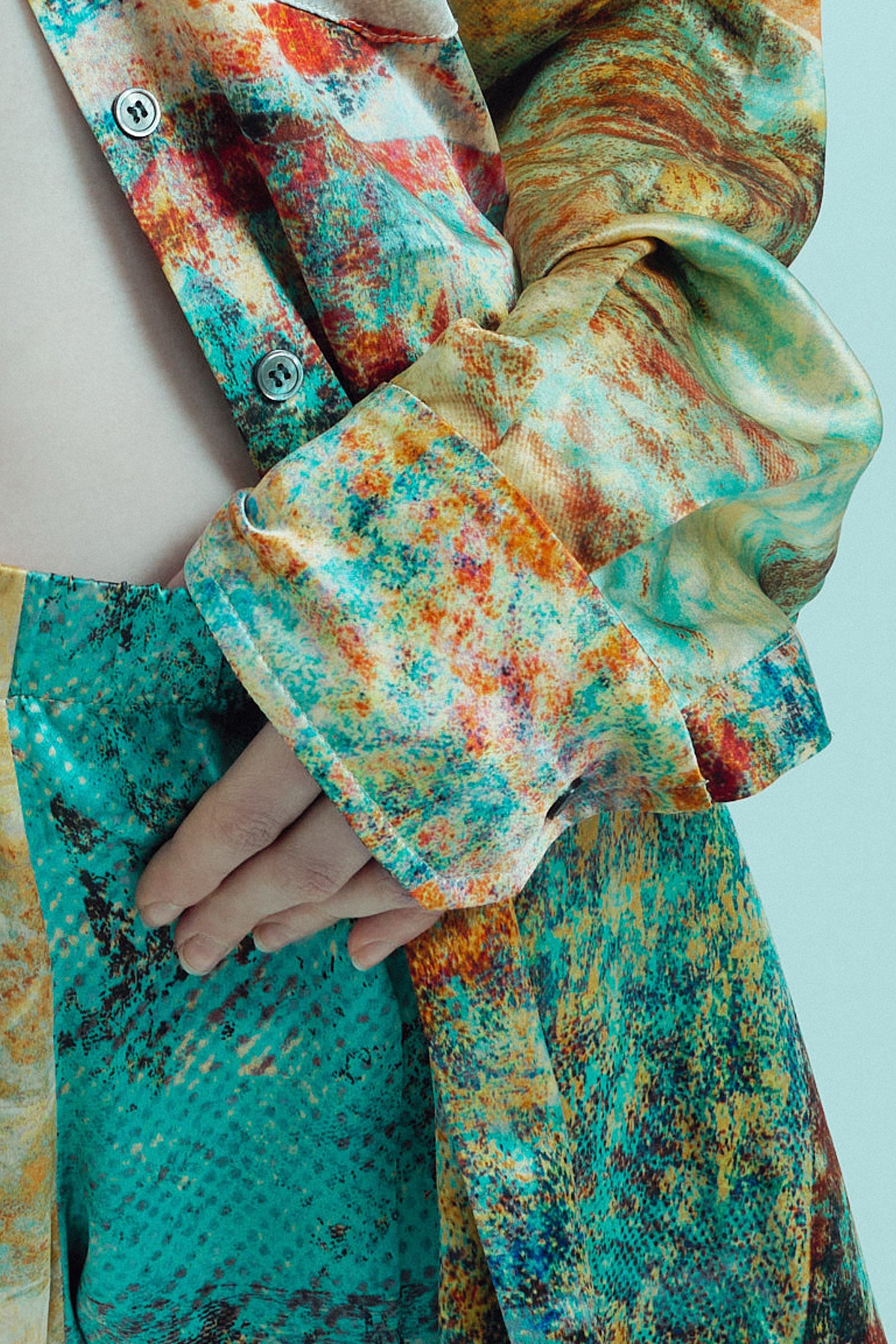 printed silk button down shirt with photographic surface