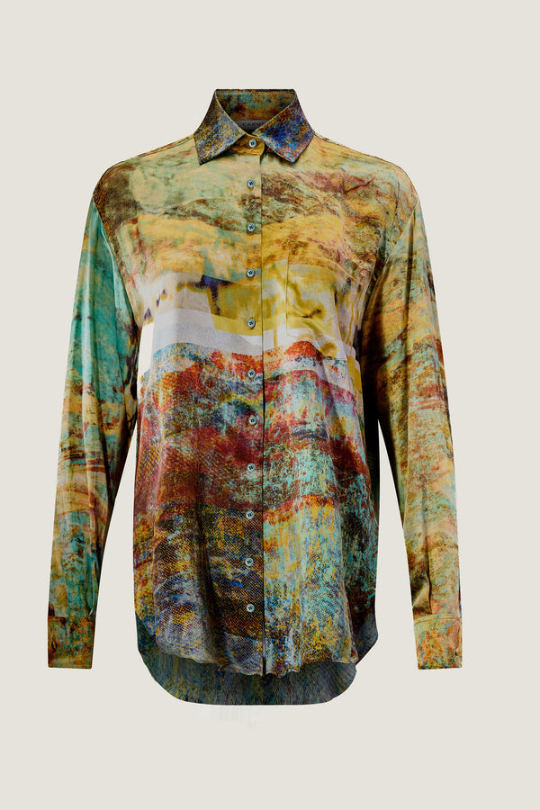 printed silk button down shirt with photographic surface