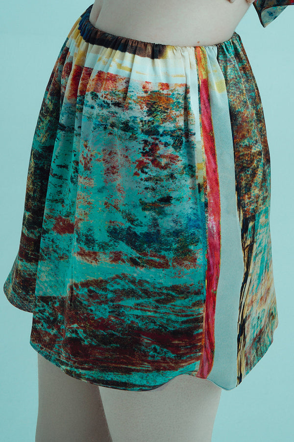 printed silk dual wear mini skirt with photographic surface