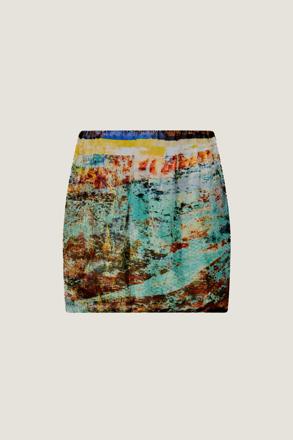 printed silk dual wear mini skirt with photographic surface
