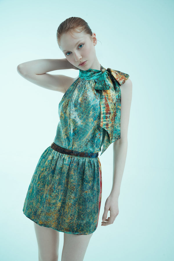 printed silk dual wear mini skirt with photographic surface