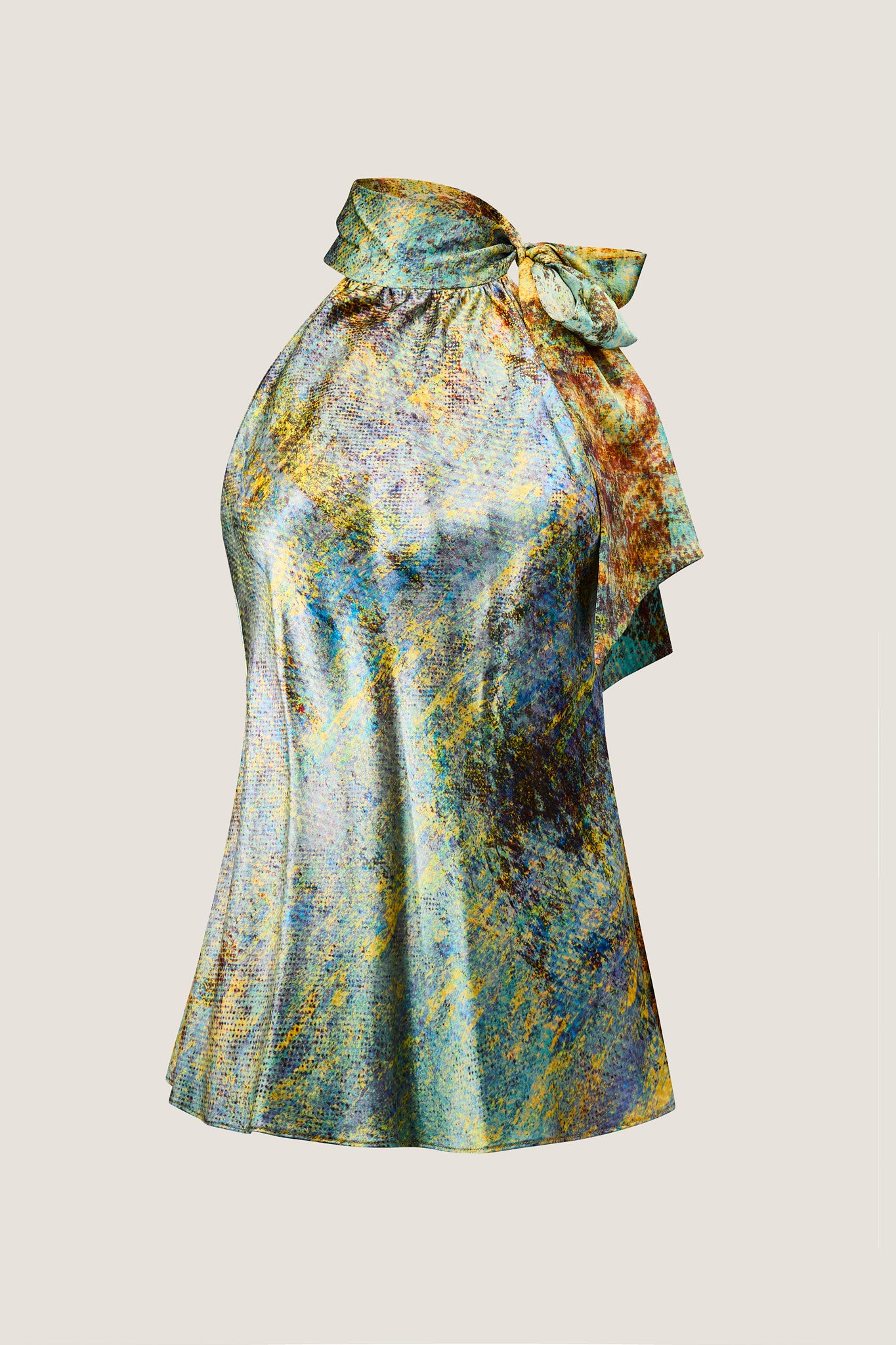 printed silk halter top with photographic surface