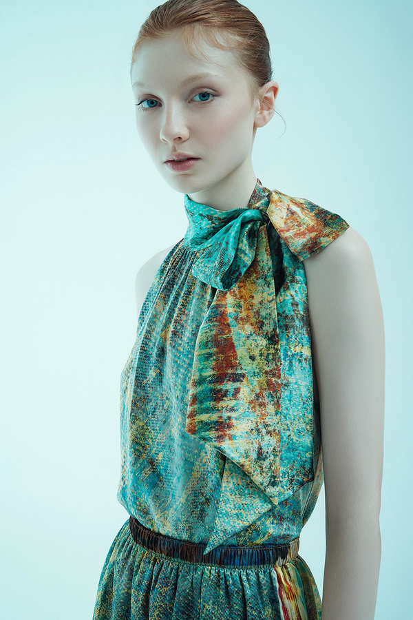 printed silk halter top with photographic surface
