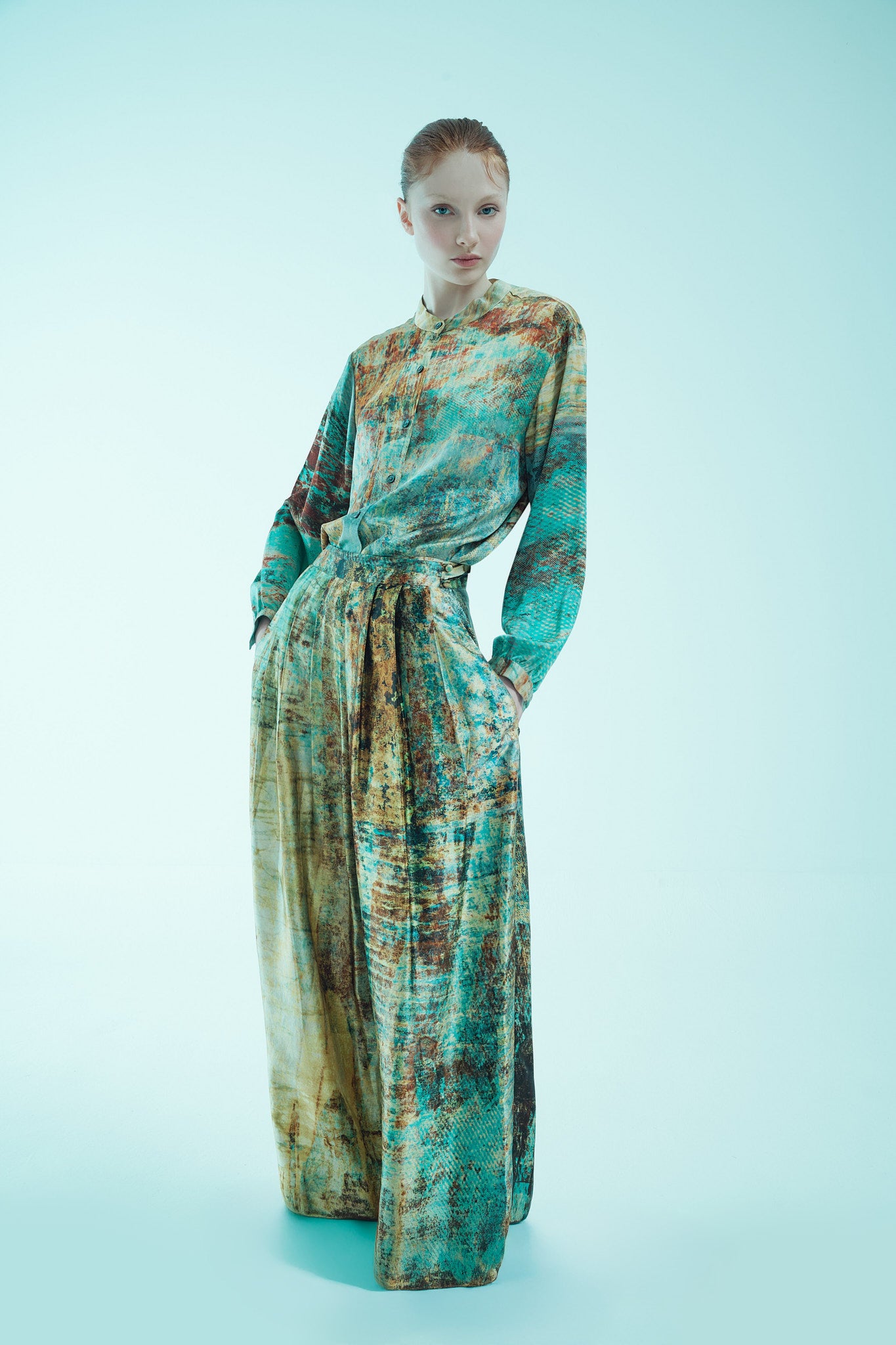 printed silk pleated tailored pant and band collar shirt