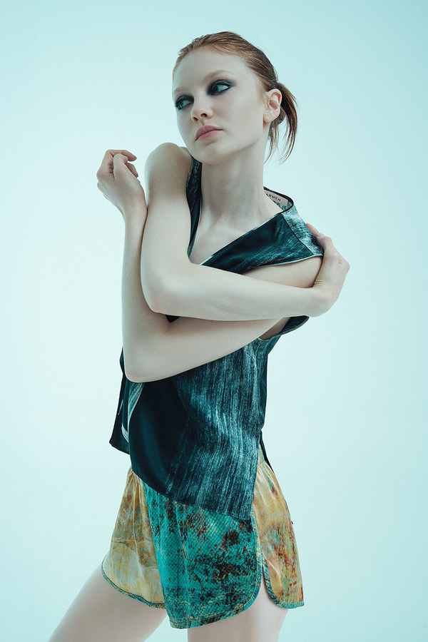 printed silk shorts with photographic surface