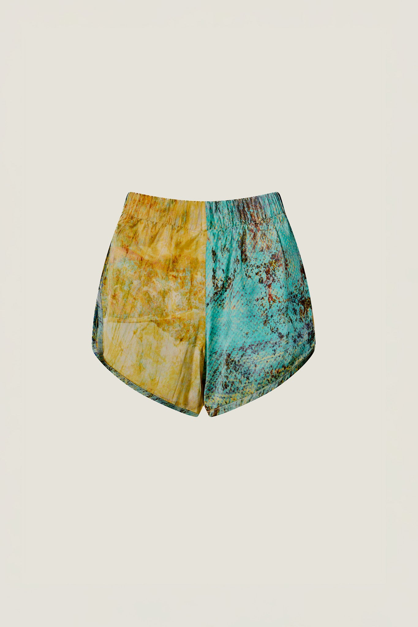 printed silk shorts with photographic surface