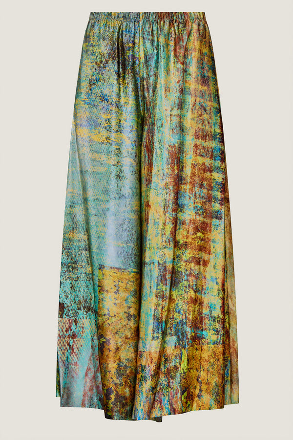 printed silk skirt pant with photographic surface