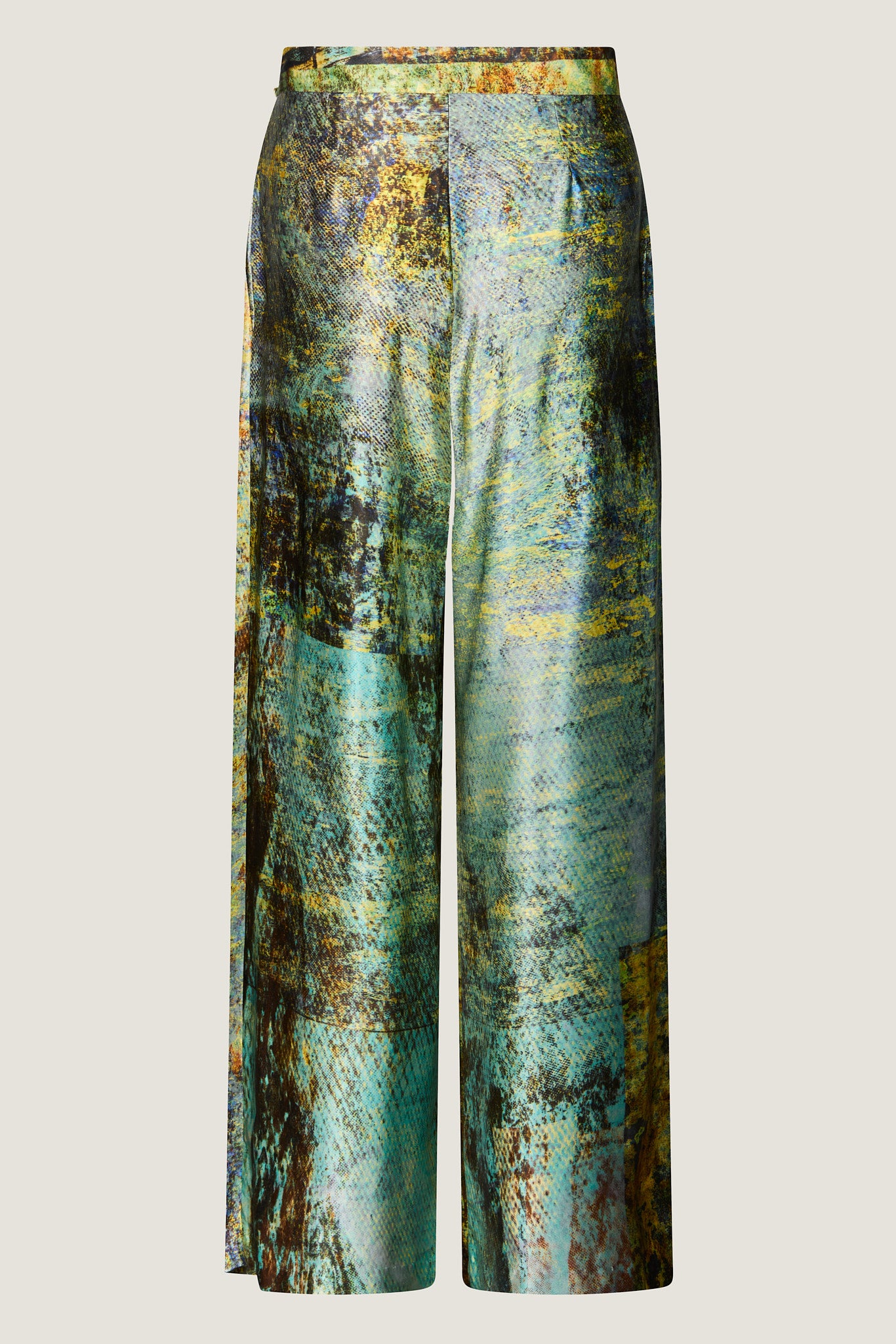 printed silk tailored pant with photographic surface