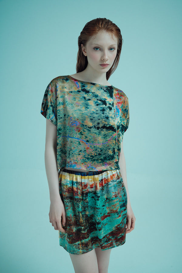 mini skirt  and boxy top in CARMEN printed silk