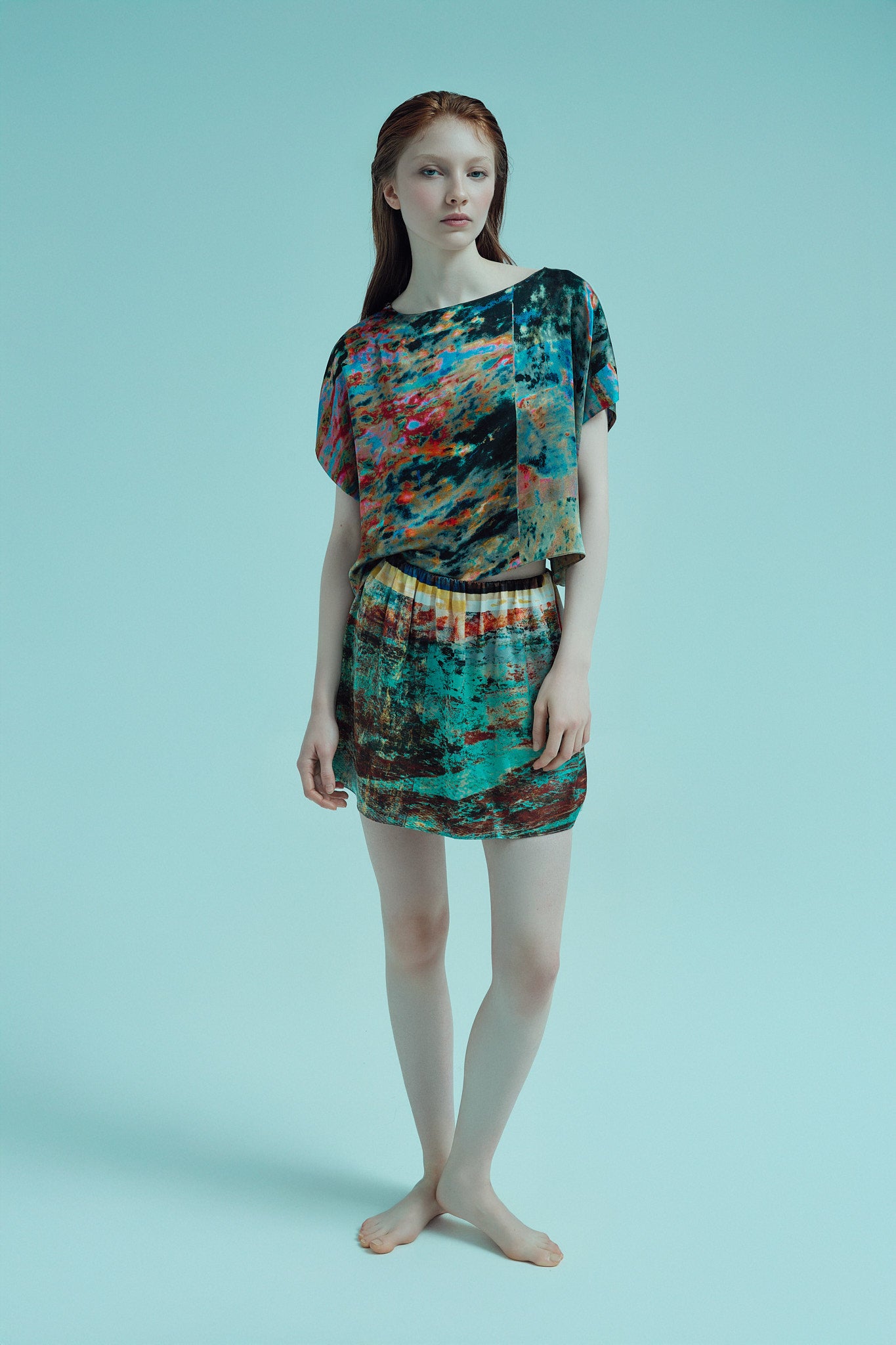 printed silk boxy top and mini skirt