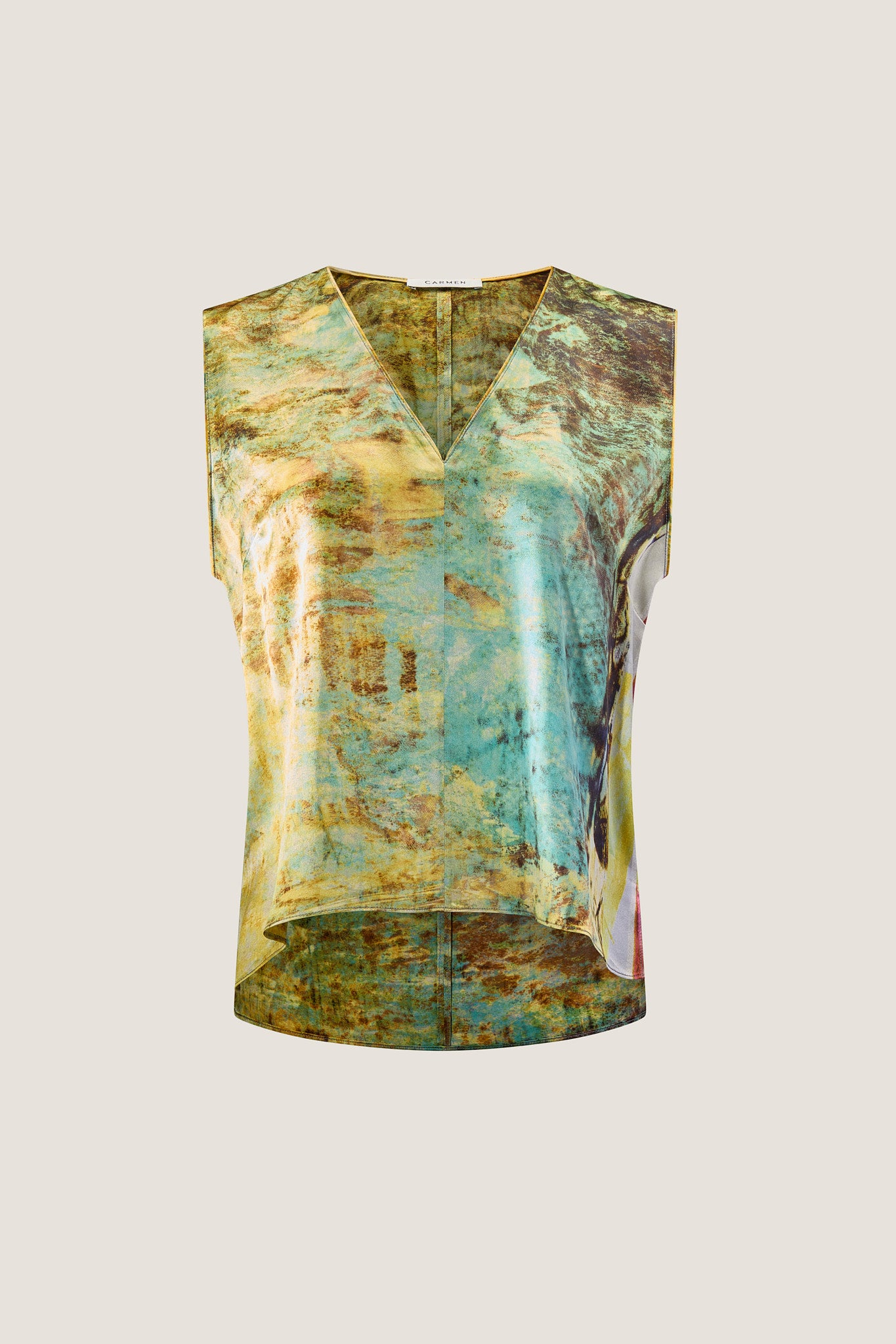 printed silk v-neck-top with photographic surface