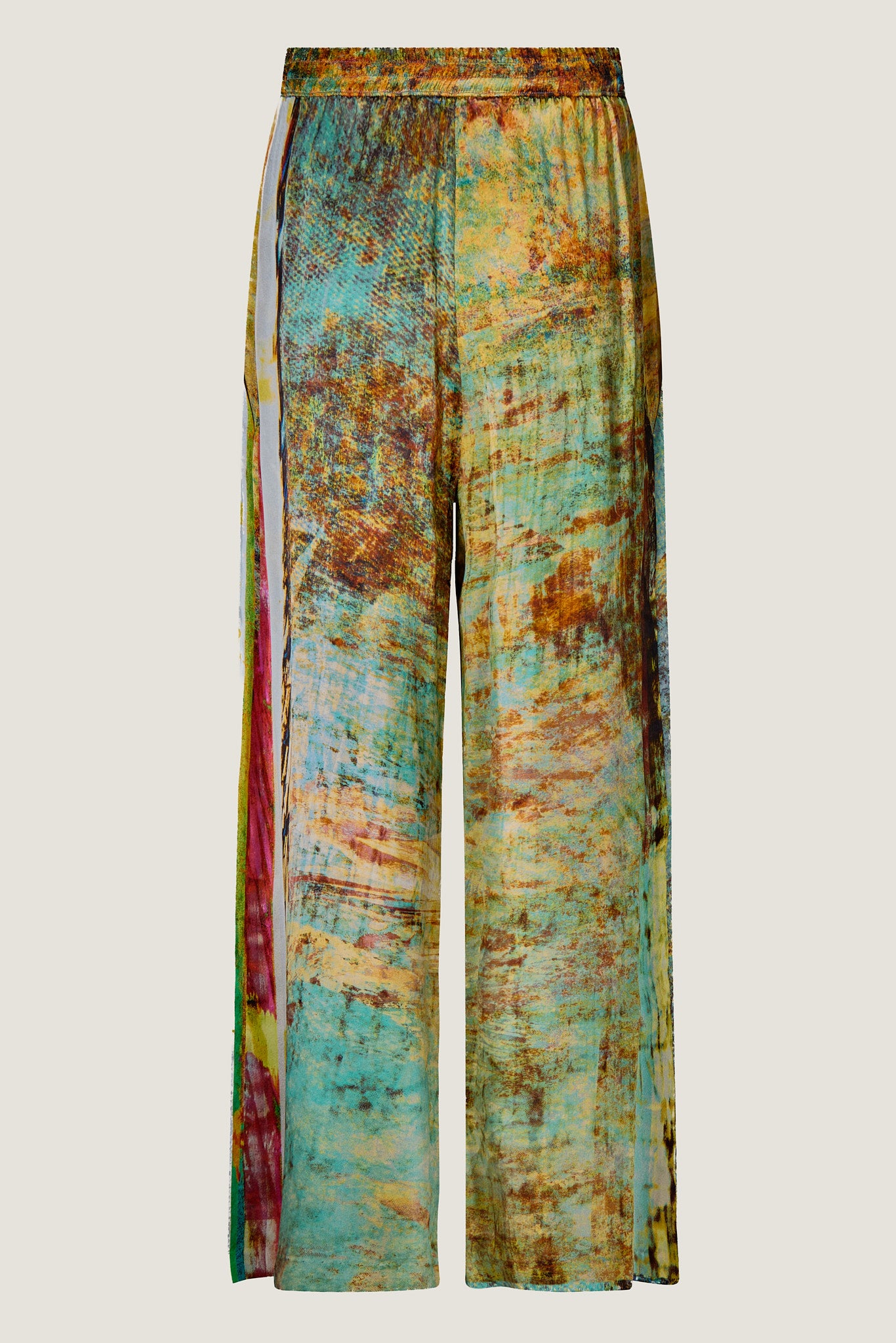 printed silk wide leg pant with photographic surface