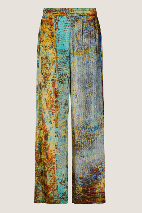 printed silk wide leg pant with photographic surface