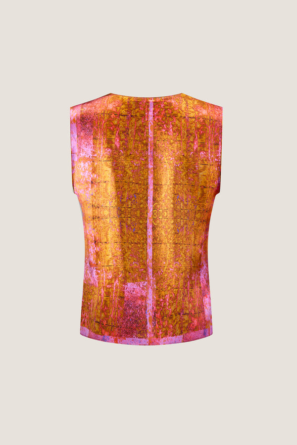 printed silk v-neck top with photographic surface