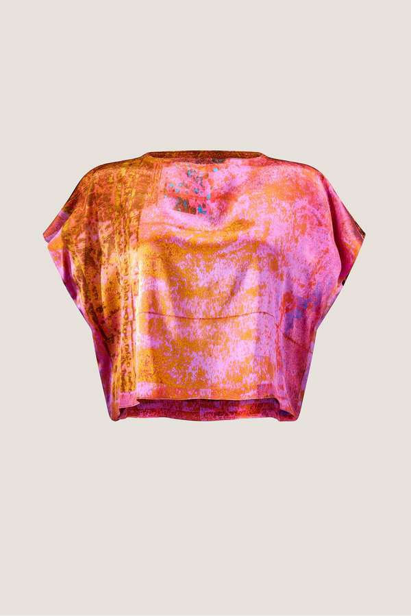 printed silk boxy top with photographic surface