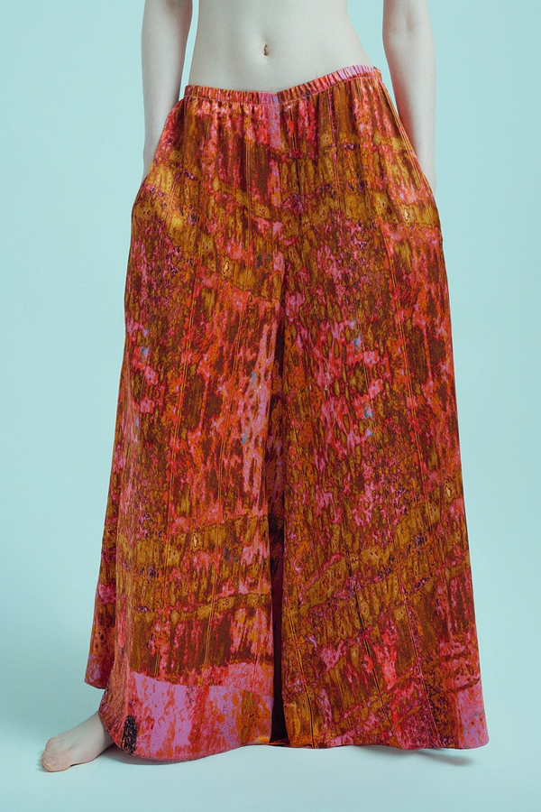 printed silk skirt pant with photographic surface