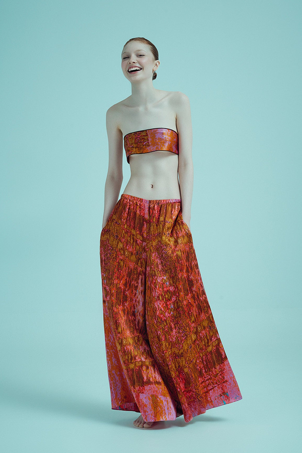 printed silk skirt pant with photographic surface
