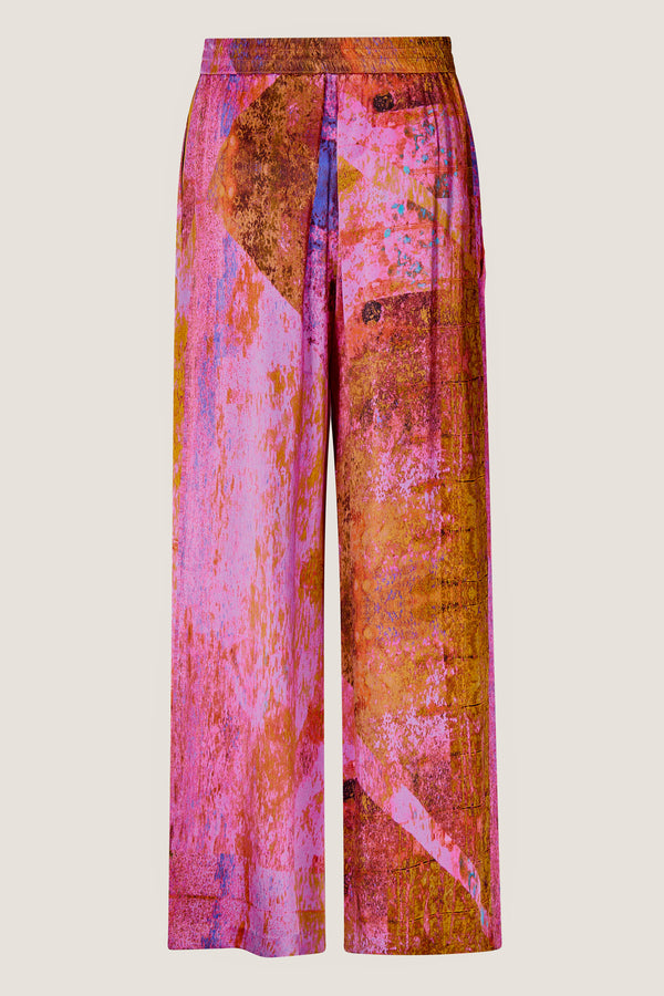 printed silk wide leg pant with photographic surface